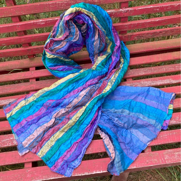 NATURAL Scarf Reversible Silk Colorful Rainbow Blue Purple Green Pink Yellow - Picture 1 of 9